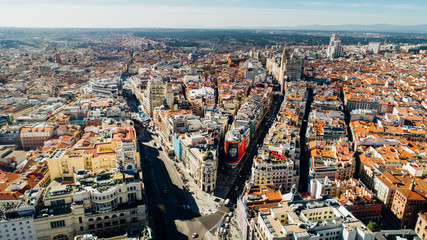 Obraz premium Aerial view of Calle de Alcala and Calle Gran Via.Panoramic aerial view of Gran Via, main shopping street in Madrid, capital of Spain, Europe.Tourist attraction and most famous street.