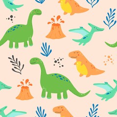 Cute dinosaur seamless pattern for kids, baby textile, wallpaper, nursery design. Funny little dino of hand drawn style. Vector illustration.