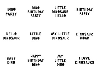 Set of funny kids lettering text with hand drawn elements dinosaur themes. Vector illustration in scandinavian style for poster, kids nursery design. .