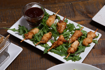 Skewer chicken. Skewers, roasted.