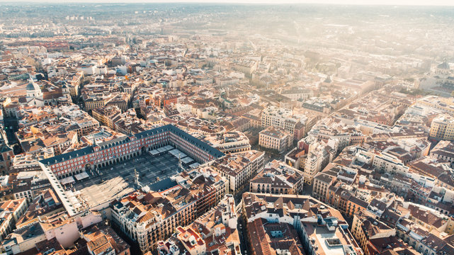 Aerial view of Plaza Mayor in Madrid,Spain. Plaza Mayor is a central plaza in the city of Madrid. Beautiful sunny day in city,architecture and landmark of Madrid. Center of capital of Spain