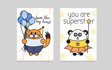 Set of greeting cards. Greeting card with a panda. Greeting card with a panda. Panda in a suit. Panda holds a wand with an asterisk. Image of a little squirrel with balloons.