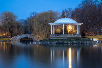 Night Closeup View of Hiawatha Lake Footbridge and Gazebo in Onondaga Park, Known Locally as Central Park in Syracuse, New York - One of the Most Visited Travel Destinations in Upstate New York.