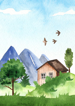 Watercolor card with mountain landscape and a house