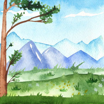 Watercolor card with spring landscape with mountains, pine, meadow
