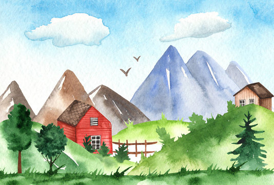 Watercolor card with spring mountain landscape with mountains, houses, hills, meadows.