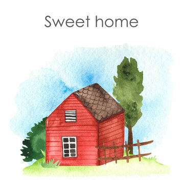 Watercolor card with sweet home, tree, fence