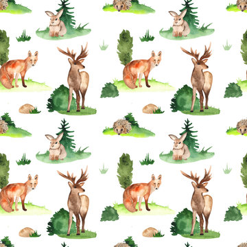 Watercolor seamless pattern with forest animals in the meadow and trees on a white background.