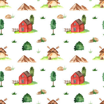 Watercolor seamless pattern with mill, house, mountains, trees on a white background.
