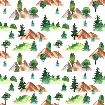 Watercolor seamless pattern with mountains and firs, pines on a white background.