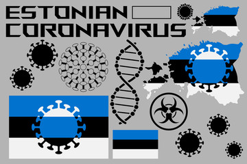 An illustration of a coronavirus, with flags and the territory of the country of Estonia. Coronavirus cells, a genetic helix, and a biohazard sign.