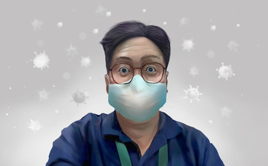 Digital illustration painting design style a man wearing surgical masks to prevent disease, flu, air pollution, contaminated air, world pollution.
