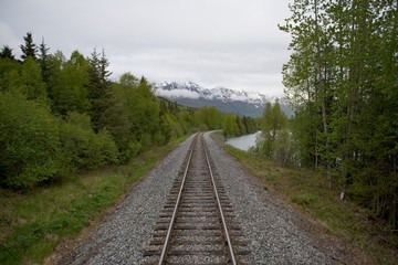 Railroad Tracks Landscape with Alaska Mountain Ranges and Lakes