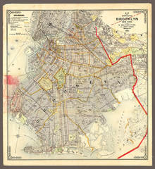 Brooklyn, New York City, 1906, a highly detalied pocket edition map with key landmarks and streets. Useful historical resource. Shows transportaton routes.