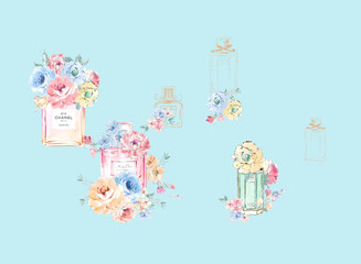 Computer drawn flower illustration.Flowers Watercolor illustration.Manual composition.Big Set watercolor elements