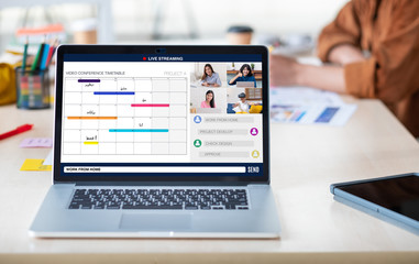 Work from home with video conference timetable collaboration with colleagues.live streaming...