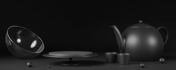 Set of afternoon tea. Black 3D cake stand with dome cover and teapot.