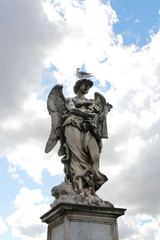 Fototapeta na wymiar Angel Carrying the Scourge by Lazzaro Morelli at Castel Sant'Angelo and a seagull stand on top statue, Rome, Italy