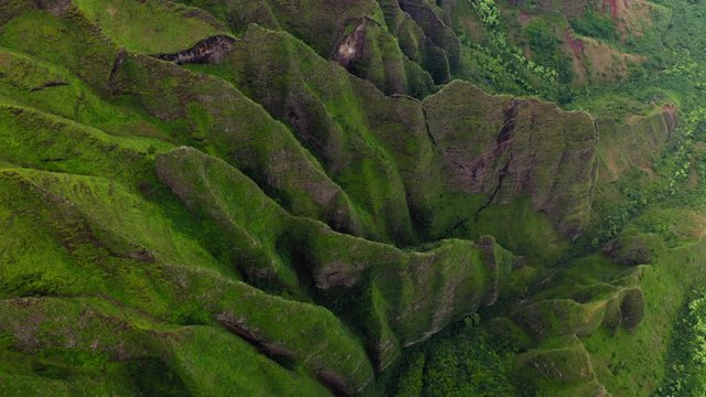 Na Pali Coast State park. Picturesque nature of mountainous terrain of Hawaii. Topdown aerial footage. Layered rocky surface with vertical cliffs and deep ravines covered with tropical greenery. 4K