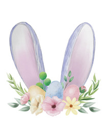 Easter bunny ears and floral crown watercolor illustration. Spring holiday greeting card or woman t-shirt design isolated on white background