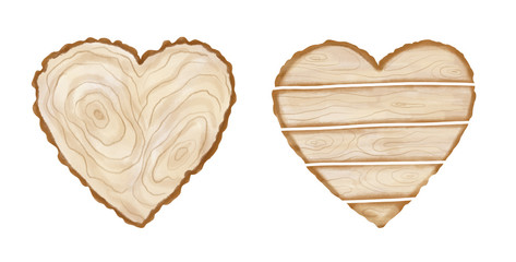 Watercolor hand painted heart wood slices and plank. Realistic tree rings. Painted wooden texture in eco natural rustic style perfect for card making, wedding invitations and blog decor
