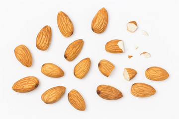 Top view Almonds isolated on white background