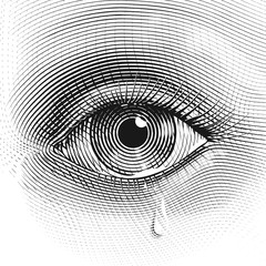 Sad woman eye with tears in engraved style