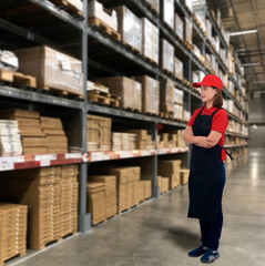 Woman operator in uniform with Blurred the background of the warehouse storage