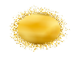 exploding ellipse with debris. Isolated gold circle on white background. Concept, template for sale. 3d effect of particles. Vector illustration EPS 10