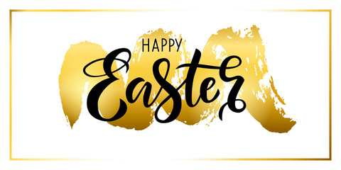 Hand drawn black lettering happy Easter on gold spot background on a white background. Vector illustration for design of card, banner, logo, flayer, label, icon, badge, sticker