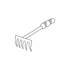 Obraz premium Mini garden rakes in hand drawn doodle style isolated on white background. Vector outline stock illustration. Gardening element. Coloring book. Tool for working in the garden and the vegetable garden.
