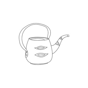 Garden watering can in hand drawn doodle style isolated on white background. Vector outline stock illustration. Gardening element. Coloring book. For working in the garden and the vegetable garden.