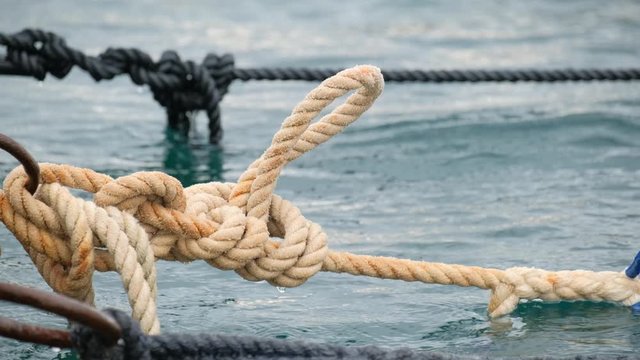 Boat mooring ropes. Slow motion. 4k