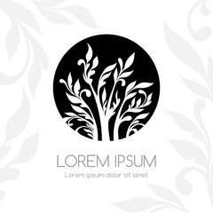 Tree in the circle. Ornamental logo. Foliage and floral vector emblem.