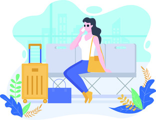 Woman in the waiting hall or airport hall,, carrying a suitcase and talking on the phone. Flat Vector illustration.