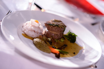 grilled beef steaks with rice and curry sauce