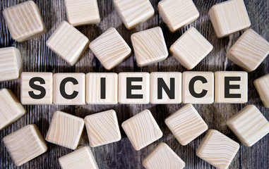SCIENCE - medical concept, text on wooden cubes and many cubes around on a dark background