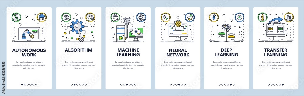 Poster machine learning website and mobile app onboarding screens vector template