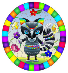 Illustration in a stained glass window with an abstract cute raccoon on a background of flowers and sky, oval image in bright frame