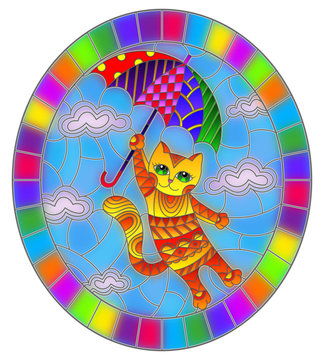 Illustration in stained glass style with funny red cat flying on the umbrella on the background of sky and clouds, oval image in bright frame