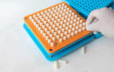 White pill capsules are row in orange filling machines hold by hand