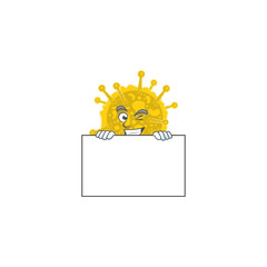 Cheerful coronavirus pandemic cartoon character has a board