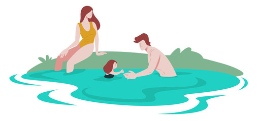 Family in pool, river or lake, summer recreation on nature