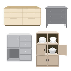 Set of cabinet wood Furniture style isolated object Vector