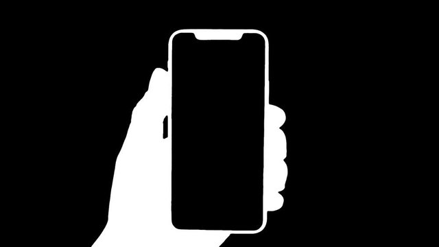 Man's hand holding a black smartphone with green screen and touching or press display, Man using mobile phone with chroma key slide down display on green background