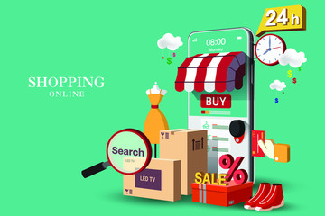 Shopping Online on mobile 24 hour in green concept