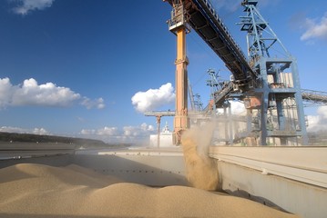 Port de Rouen, silo Senalia, chargement blé sur cargo Panamax. Portique de chargement