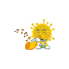 Coronavirus pandemic cartoon character playing music with a trumpet