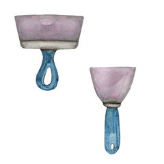 Watercolor illustration of a set of trowels, a tool for construction. Hand-drawn with watercolors and is suitable for all types of design and printing.