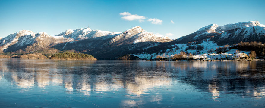 Scenic coastline of Oltedalsvatnet lake during winter season, Gjesdal commune, Norway, February 2018